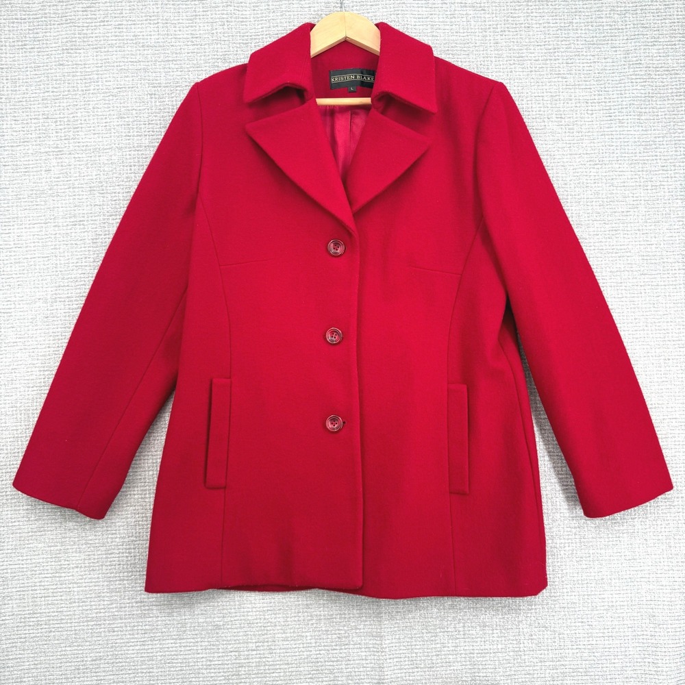 Kristen Blake Women's Red Wool Blend Button Front Coat Jacket‎ Sz L Statement
